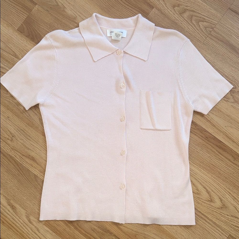 Vintage Jones New York Top Light Pink Short Sleeve Collared Button Silk PL